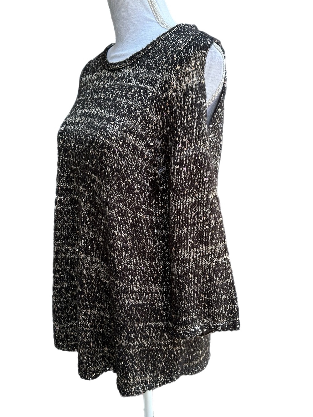 Chico’s Cold-Shoulder Black Sequin Shine Shelley Pullover Knit Sweater